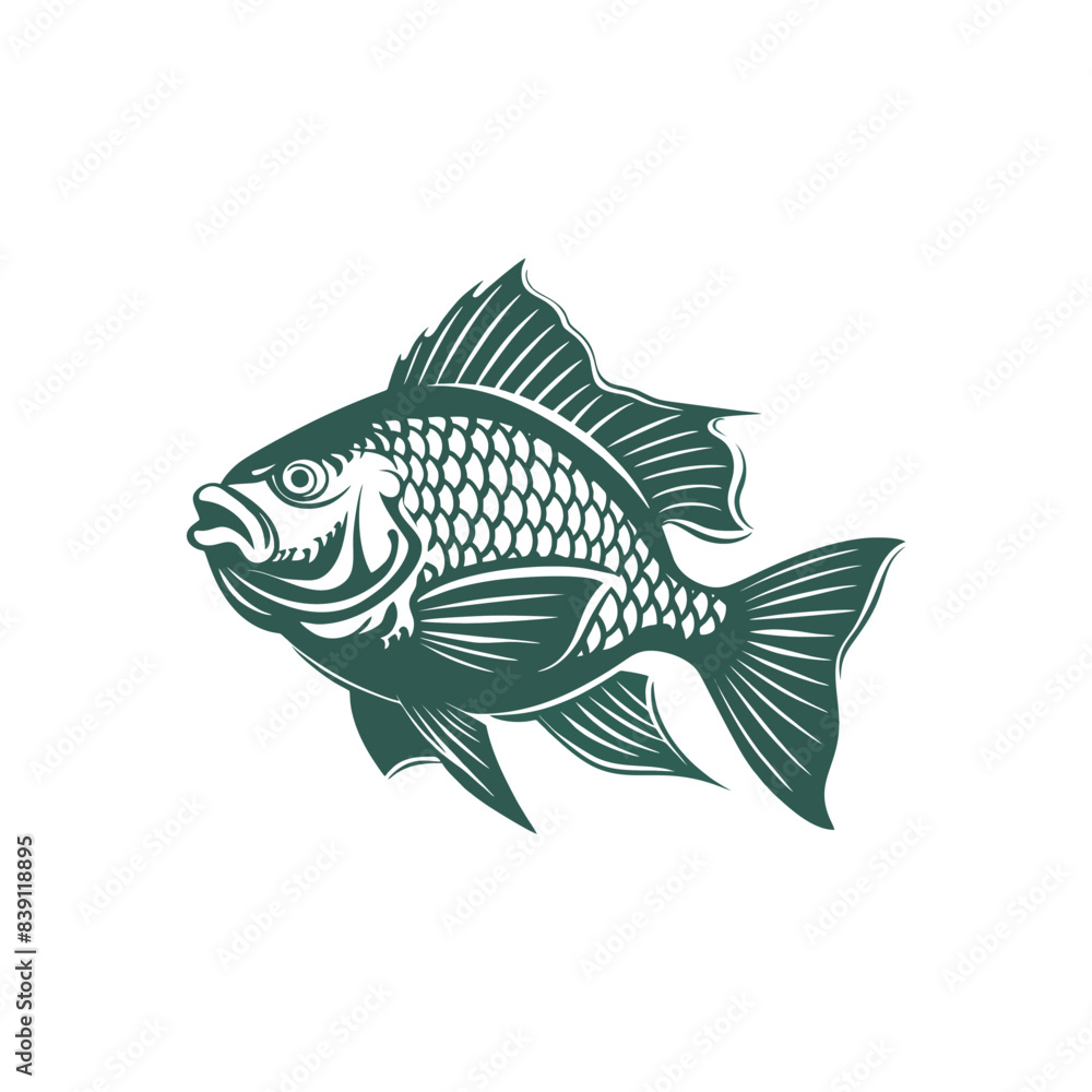 Vector illustration of Tilapia fish isolated on white background. Tilapia fish glyph icon. Badge for design seafood packaging. Logo Design for Fish Farming Business Vector illustration of Tilapia fish isolated on white background. Tilapia fish glyph icon. Badge for design seafood packaging. Logo Design for Fish Farming Business