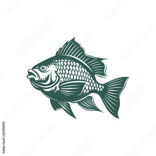Vector illustration of Tilapia fish isolated on white background. Tilapia fish glyph icon. Badge for design seafood packaging. Logo Design for Fish Farming Business