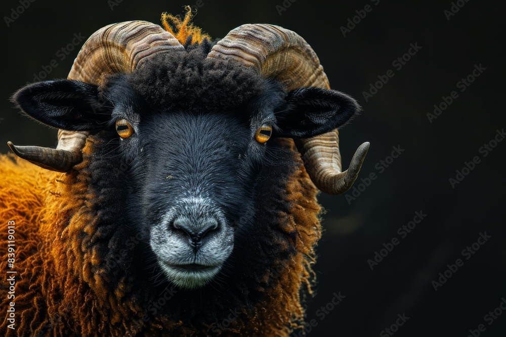 Mystic portrait of Suffolk Sheep, copy space on right side, Anger, Menacing, Headshot, Close-up View Isolated on black background Mystic portrait of Suffolk Sheep, copy space on right side, Anger, Menacing, Headshot, Close-up View Isolated on black background