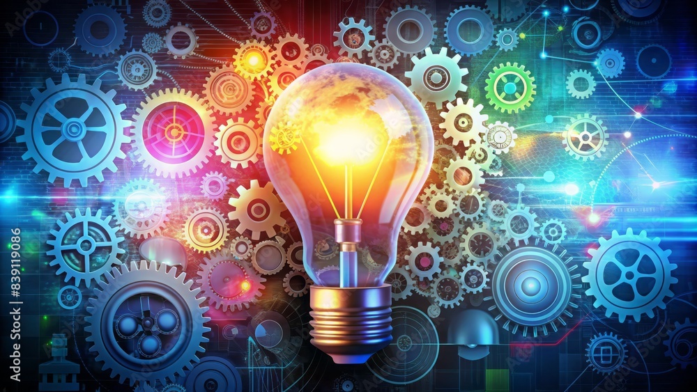 Colorful modern illustration of lightbulb surrounded by gears, circuits, and charts, symbolizing innovative business ideas, startup success, and technological advancements. Colorful modern illustration of lightbulb surrounded by gears, circuits, and charts, symbolizing innovative business ideas, startup success, and technological advancements.