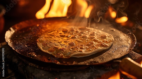 Close-up of a hot, fresh roti being cooked on a traditional griddle over an open flame in an outdoor setting. photo