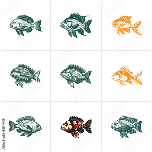 Set of Vector illustration of Tilapia fish isolated on white background. Tilapia fish glyph icon. Badge for design seafood packaging. Logo Design for Fish Farming Business