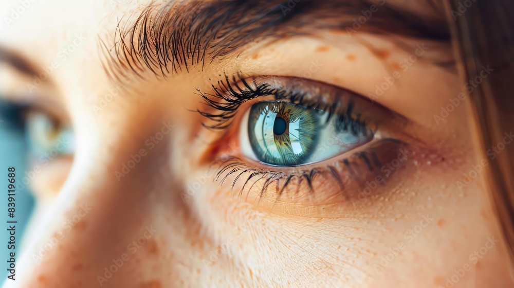 Close-up image of a woman's blue eye with detailed iris and natural skin tones, highlighting beauty and depth. Close-up image of a woman's blue eye with detailed iris and natural skin tones, highlighting beauty and depth.