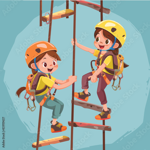 Two animated children climb rope ladder, adventure park, climbing gear. Smiling kids enjoy outdoor activity, safety harnesses, helmets, casual attire. Young climbers engaging fun sport, teamwork