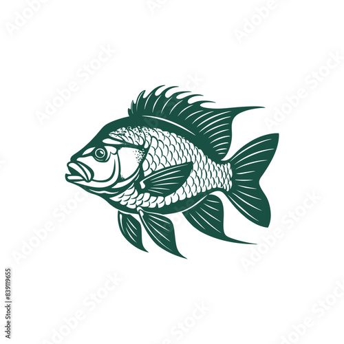 Vector illustration of Tilapia fish isolated on white background. Tilapia fish glyph icon. Badge for design seafood packaging. Logo Design for Fish Farming Business