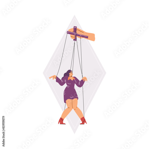 Control and manipulation vector illustration with woman doll and puppeteer.