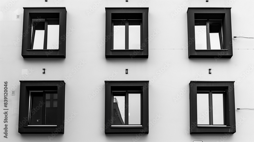 Black white residential building with six identical windows, facade real estate glass contemporary Black white residential building with six identical windows, facade real estate glass contemporary