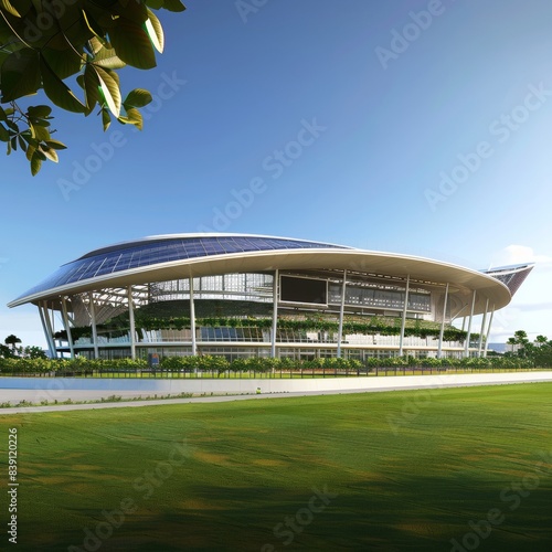 A contemporary cricket stadium with eco-friendly design elements including solar panels efficient waste management