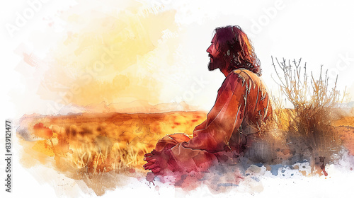 Digital watercolor painting of Jesus Watercolor painting, Jesus praying in a desert at dusk, golden sands and a soft, setting sun, peaceful and reflective mood, Watercolor painting, featuring soft