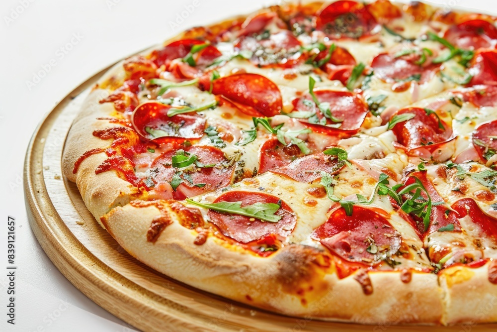 Delicious Pepperoni Pizza with Mushrooms, Basil, and Tomatoes on White Background Delicious Pepperoni Pizza with Mushrooms, Basil, and Tomatoes on White Background