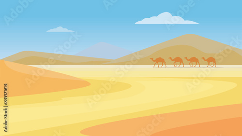 walking through the desert,  journey with camels through the desert