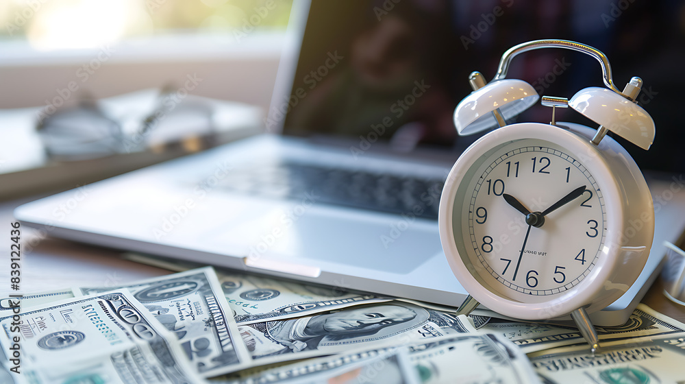 Alarm clock, dollar bills, and laptop on desk in high-resolution stock photo Alarm clock, dollar bills, and laptop on desk in high-resolution stock photo