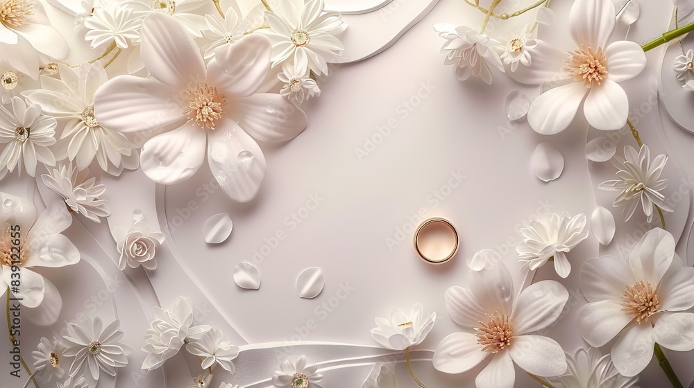 Obraz premium Wedding card in white colors with flowers and wedding ring