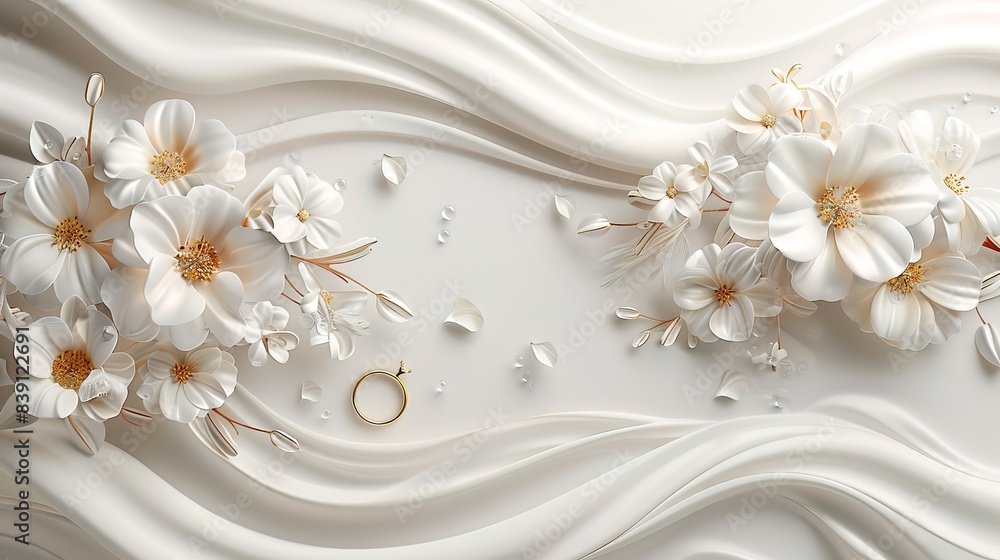 Wedding card in white colors with flowers and wedding ring Wedding card in white colors with flowers and wedding ring