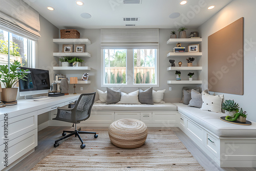 Minimalist home office - white desk, ergonomic chair, computer monitor, floating shelves with a few decorative items and books, large corkboard on the wall, light grey beige interior large window.