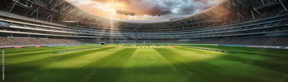 Fototapeta premium A cricket stadium with advanced eco-friendly design elements including solar panels