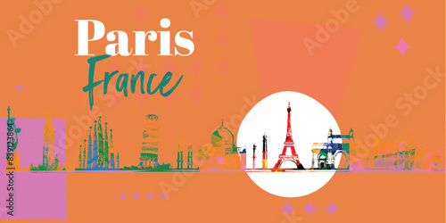 Travel and tourism background. Famous world landmarks vector illustration.  Eiffel Tower background. France and Paris.