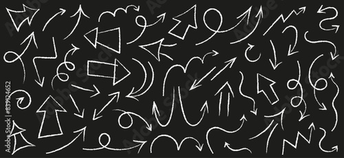 Scribble arrows. Set of Arrows Pointers drawn with chalk on black board. Vector doodle chalk drawing. Freehand different curved arrows, swirls.