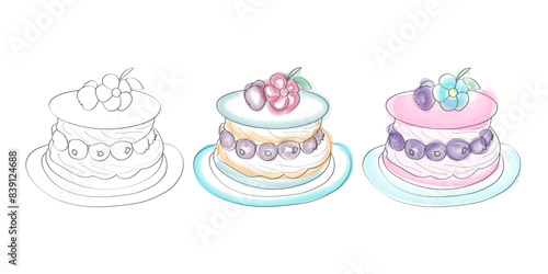 A digital illustration of three cakes, one in black and white and two with watercolor-like color, decorated with blueberries and flowers.