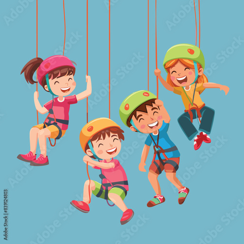 Four children wearing safety helmets harnesses enjoy indoor rock climbing activity, happiness young climbers adventure park, excited kids climbing. Smiling boy girls swinging climbing ropes, joyful