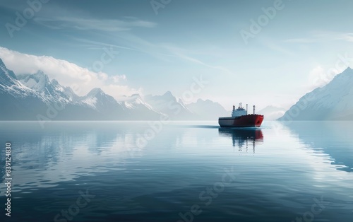 A Cargo Ship Gliding Through Tranquil Waters with Mountainous Horizons. Generative Ai
