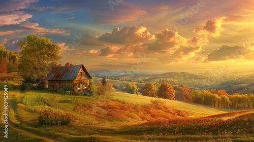 A quaint cottage nestled among rolling hills, the sky above painted in a palette of warm, inviting colors.