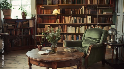 small, inviting living room with a round wooden table and a vintage armchair near a bookshelf.