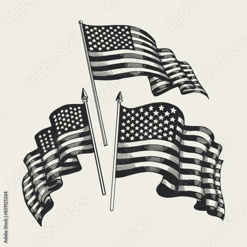 American Waving Flag Set Vintage Hand Drawn Illustration