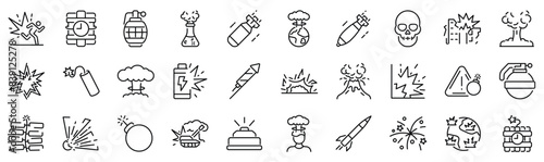 Set of 30 outline icons related to explosive. Linear icon collection. Editable stroke. Vector illustration