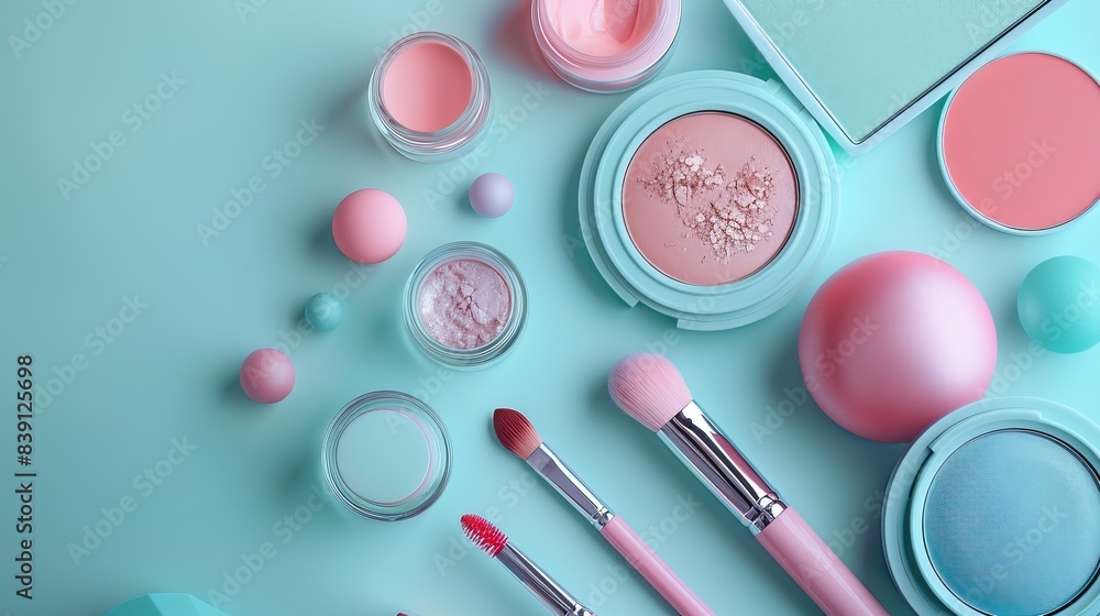 top view mockup cosmetic items with on copy-space pastel colored table top view mockup cosmetic items with on copy-space pastel colored table