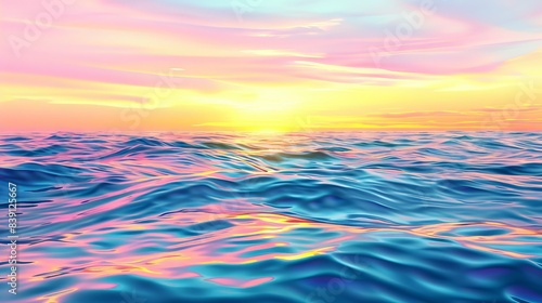 sunset seascape with abstract waves, bright sky with yellow, pink