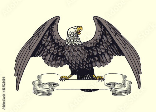 Hand Drawn Illustration of bald Eagle Perched on Ribbon Vintage