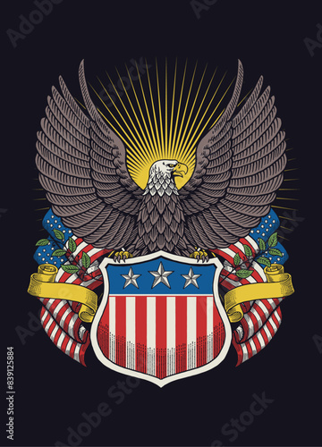 Hand Drawn Vintage Illustration of American Eagle Shirt Design
