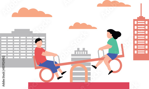 A boy and a girl are taking seesaw