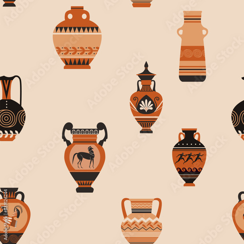 Vector seamless pattern in a flat style with ancient Greek vases with classical images