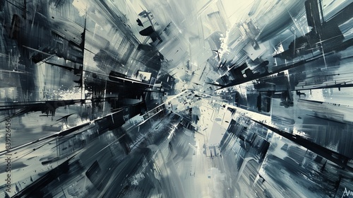 A dynamic abstract representation of a bustling city, with sharp lines and overlapping shapes in shades of gray photo