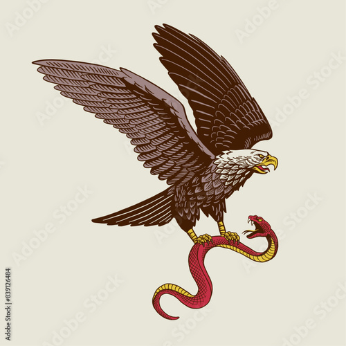 Vintage Hand Drawn Illustration of Eagle and Snake Battle (ID: 839126484)