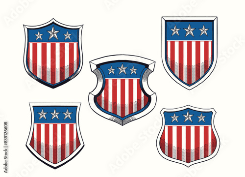 Vintage Hand Drawn Illustration Set Of American Shield