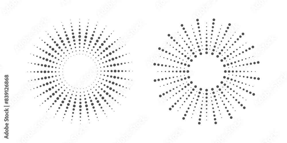 Dotted frames graphic template. Two halftone backgrounds from points circularly distributed isolated on the white background. Vector illustration