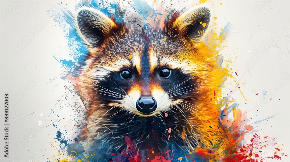 custom made wallpaper toronto digitalClose up portrait of cute baby raccoon, painting with bright colors, colorful splashes of paint on white background. Illustration in pop art style.