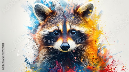 Wallpaper Mural Close up portrait of cute baby raccoon, painting with bright colors, colorful splashes of paint on white background. Illustration in pop art style. Torontodigital.ca