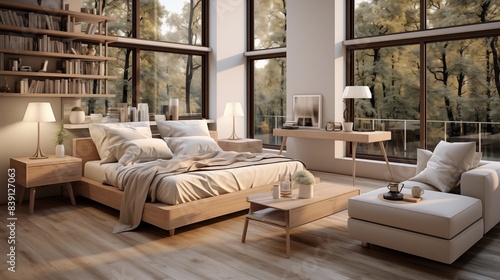 Luxurious bedroom with a king-sized bed positioned under a large window