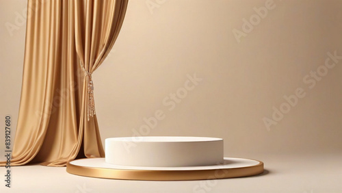 3D display podium, beige background with pedestal golden color silk cloth curtain. Beauty, cosmetic jewelry product presentation stand. Luxury feminine mockup advertisement