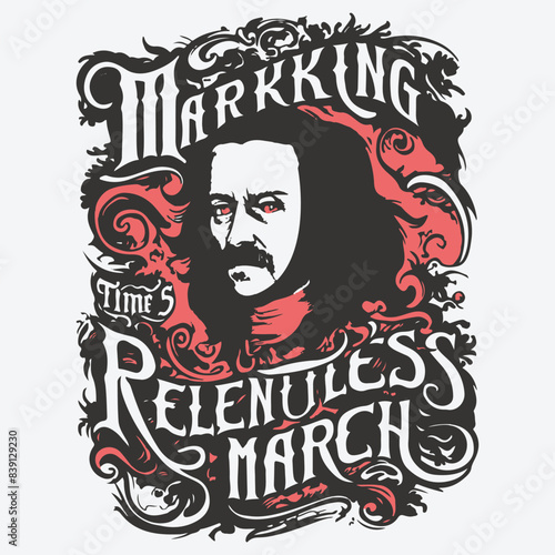 Marking Time's Relentless March T-Shirt Design. Tortured Poet Gothic Vector