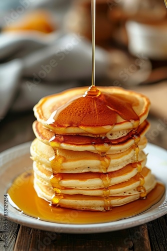 Delicious breakfast, pancakes with butter and sweet syrup.