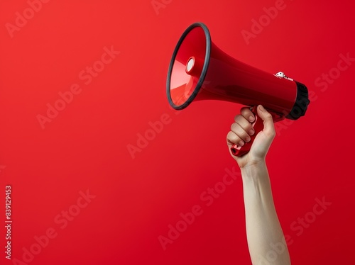 Hand holding a megaphone on a red background. Copy space.