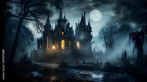 Video of abandoned mansion with a dark, stormy sky in the background. Halloween castle is there are lights on inside