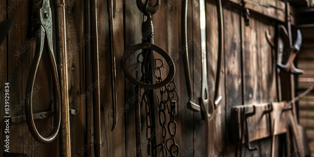 Mountain farming tool shed, close-up on array of old tools hanging, rustic wood background, morning light. Mountain farming tool shed, close-up on array of old tools hanging, rustic wood background, morning light.