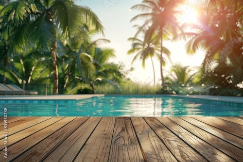 Empty Wooden table top with a tropical background of a swimming pool and palm trees in the sunlight. summer and vacation concept  copy space for text