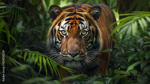 A regal Bengal tiger prowling stealthily through the dense undergrowth of the jungle.